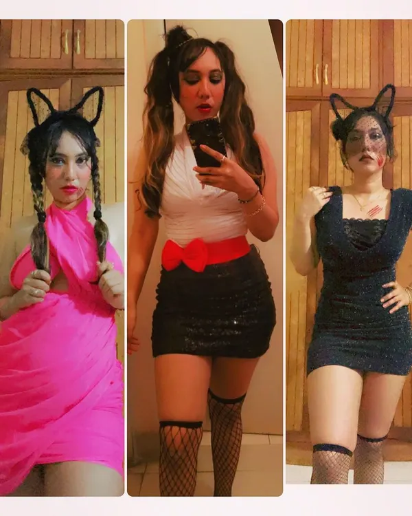 I go all out for themed parties like Halloween. Here are three of my favorite costume looks: Evil Barbie, Possessed Annabelle, and a spooky Black Cat.