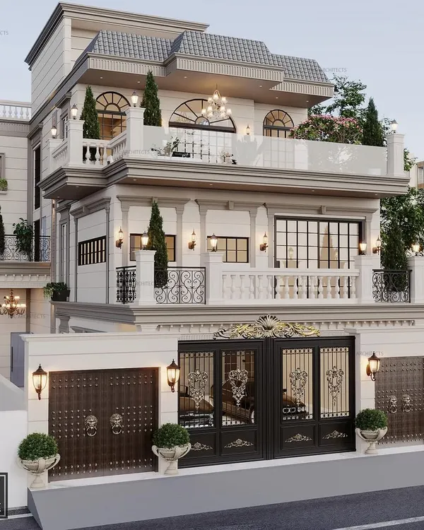 A look at a neoclassical mansion we designed. We focus on creating a grand, flamboyant presence with intricate French-inspired details, from the wrought iron gates to the elegant balustrades and arched windows.