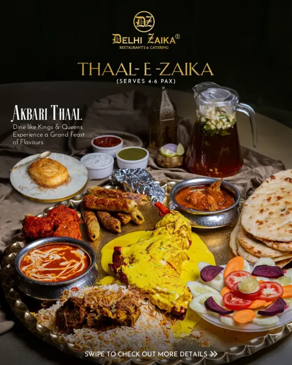 An overview of our magnificent Akbari Thaal. This platter is a royal feast for 4-6 people, featuring a spectacular spread of our most iconic Mughlai dishes, perfect for making any occasion feel like a grand celebration.
