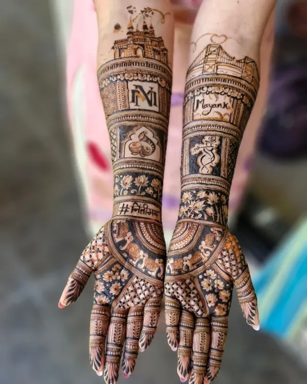 This custom design features Mumbai's landmarks, the groom's name 'Mayank', the couple's initials 'NM', and their wedding hashtag, making it a truly personal story.