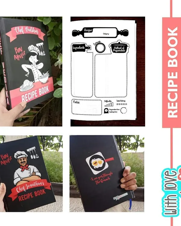 A collage showcasing my personalized recipe books. You can see options for him and for her, the detailed inner page layout for ingredients and methods, and the custom back cover design.