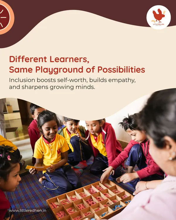 Children and a teacher are gathered around a wooden alphabet board, illustrating our inclusive learning environment. We believe in creating a playground of possibilities for all learners.