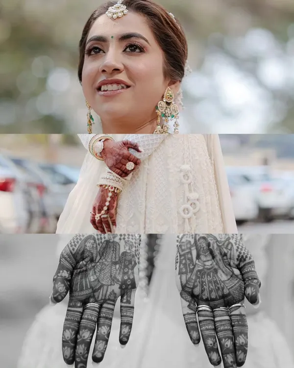 A collage dedicated to the bride's details. Her radiant smile, the intricate henna design telling a story, and her beautiful jewelry all get their moment to shine.
