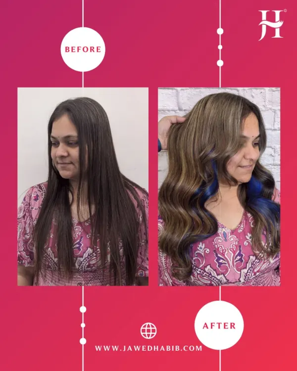 Look at this incredible before and after. A student at my academy created this stylish look, complete with soft waves and a pop of blue color, transforming the hair completely.