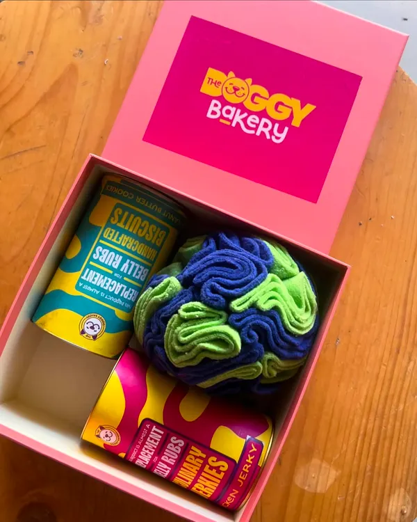 My Doggy Delight Gift Box is a popular choice, featuring a fun sniffer ball for enrichment and two cans of my delicious handcrafted treats.