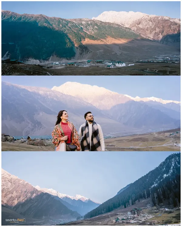 A collage of their Kashmir journey. It shows the scale of the mountains, the quiet valley, and the two of them, small against the vast landscape but the center of their own universe.