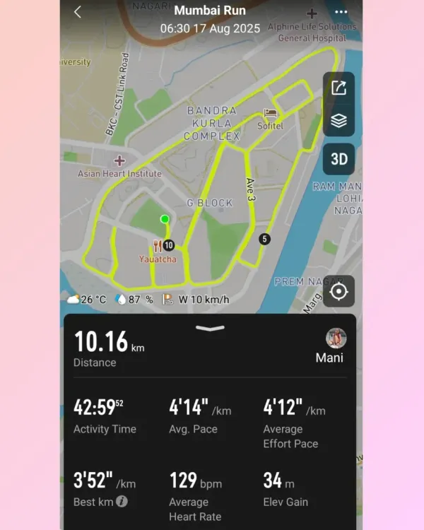 The data from a 10.16km Mumbai run, showing an average pace of 4:14/km. We use this information to analyze performance and fine-tune your personalized training plan.