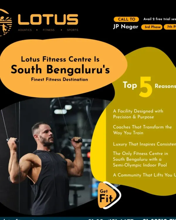 This graphic outlines the top five reasons we are considered South Bengaluru's finest fitness destination. Our semi-Olympic indoor pool is a key part of our premium, purpose-built facility.