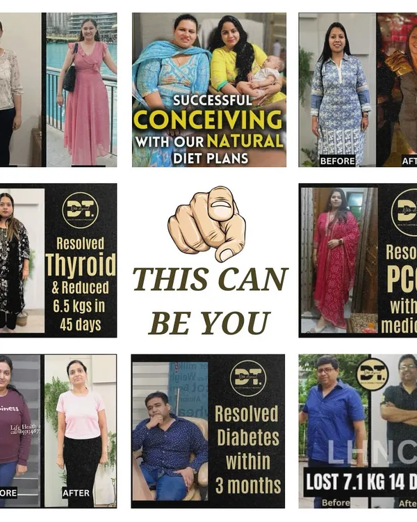 (Hero Item) This collage shows the real, life-changing results my clients achieve. We work together to manage conditions like PCOD, Thyroid, and Diabetes, and help with successful conception and weight loss, all through natural diet plans. This can be you.