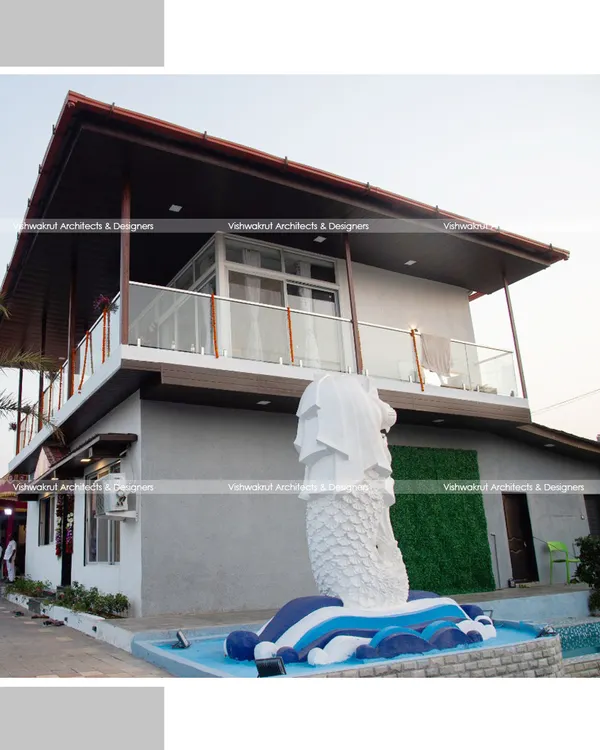 The completed Rock Villa, featuring a prominent Merlion statue by the pool. This element adds a unique character to the farm resort, blending modern architectural lines with a touch of iconic sculpture.