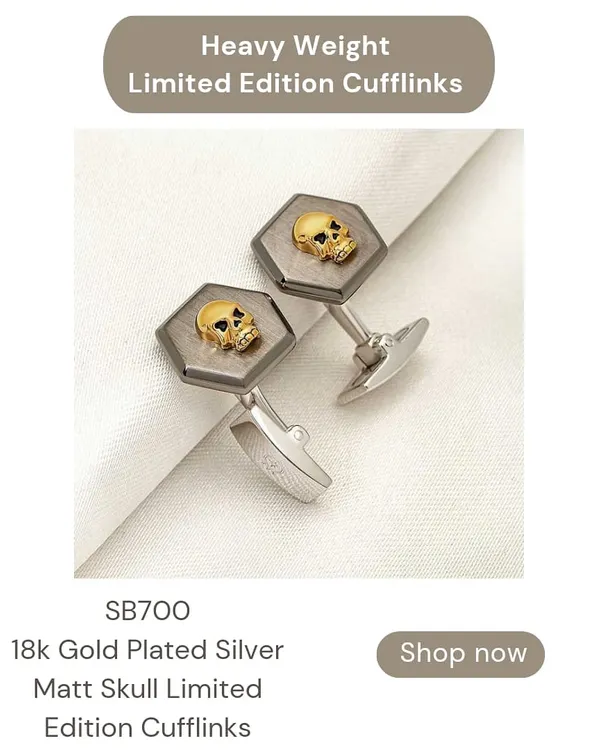 These limited edition cufflinks are for the man with an edge. Crafted from heavy 92.5 silver, they feature a gold-plated skull on a hexagonal base, combining luxury with a bold design.