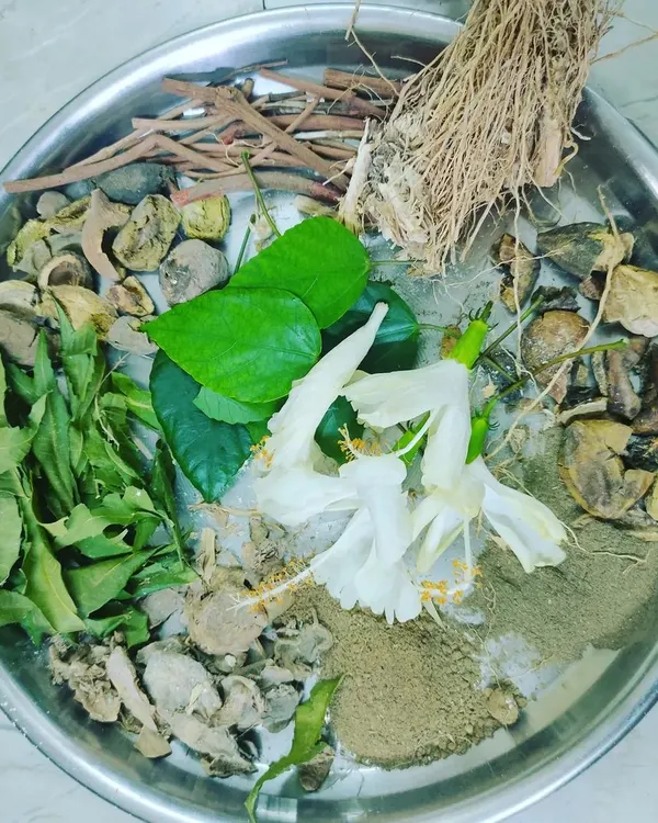 These are the building blocks of my products. A plate full of fresh and dried jadibutiya, including hibiscus flowers, neem leaves, and other herbs, ready to be turned into a nourishing hair or skin treatment.