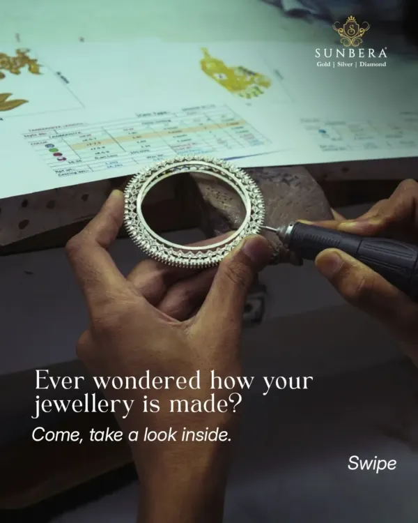 Ever wondered how your jewellery is made? This image is an invitation to look inside my workshop, where an artisan is giving a final polish to a diamond bangle, ensuring it shines to perfection.