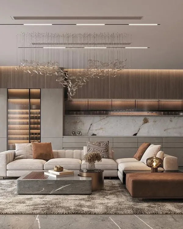 This open-concept living space combines the kitchen and living room into one seamless, elegant area. I used consistent wood paneling and a neutral color palette to unify the zones, while the statement chandelier adds a touch of glamour.