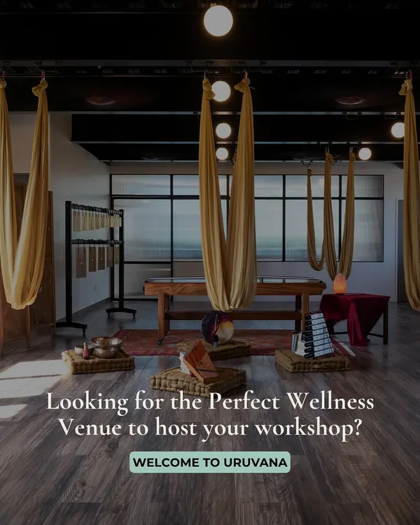 Hero Item. Welcome to Uruvana. This is the perfect wellness venue to host your workshop, set up with aerial silk hammocks for yoga, our Svaram Sonorium for sound healing, and floor cushions for intimate circles. I created this space to be a beautiful and functional sanctuary for practitioners.
