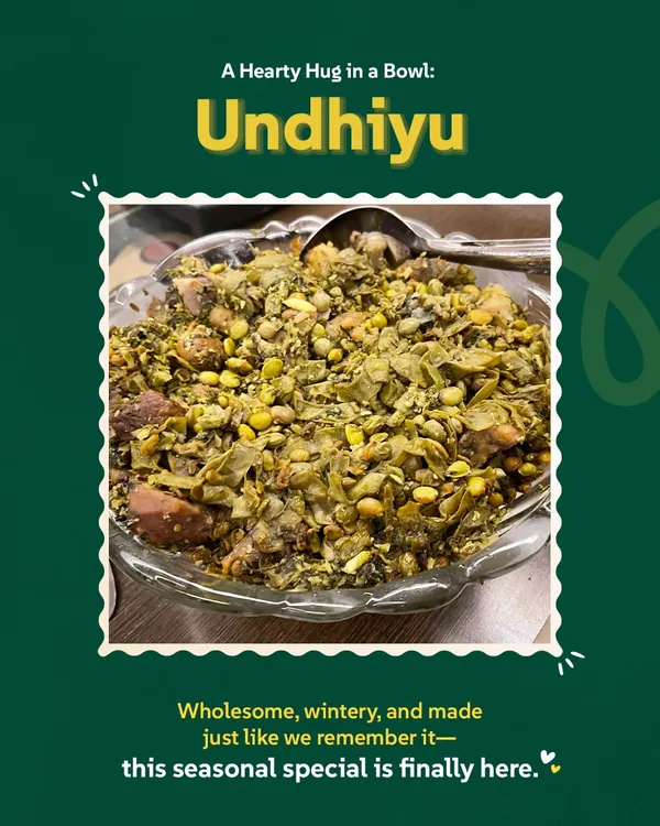 Our seasonal Undhiyu, served in a bowl, ready to be enjoyed. This picture shows the final dish, a wholesome mix of winter vegetables and spices, slow-cooked to perfection. It's a hearty, comforting meal that we look forward to making every winter.
