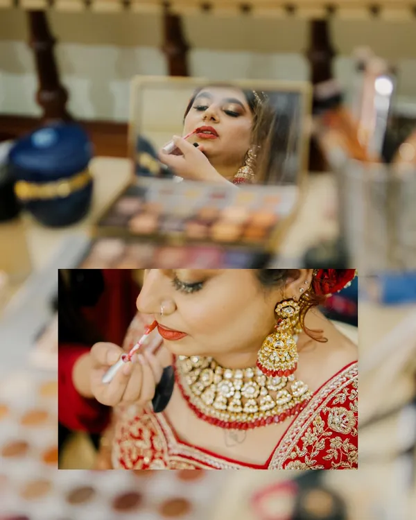 A dual perspective of the bride getting ready, capturing both the reflection and the reality. We focus on the final touches, like the application of lipstick, that complete the bridal look.
