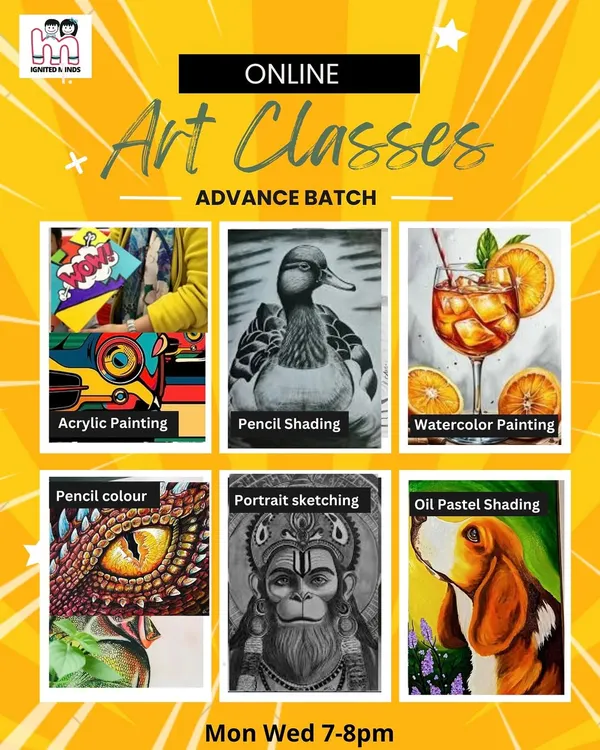 Our online advanced art batch offers a comprehensive curriculum for those looking to deepen their skills. This poster shows the variety of mediums we cover, including acrylics, watercolors, and portrait sketching.