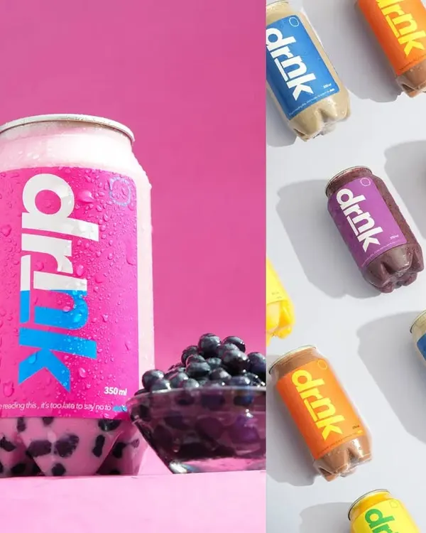 A vibrant shot for a berry smoothie, using a bright pink background and fresh fruit to highlight the ingredients. The split image on the right shows a pattern of the full product line, emphasizing the variety available.