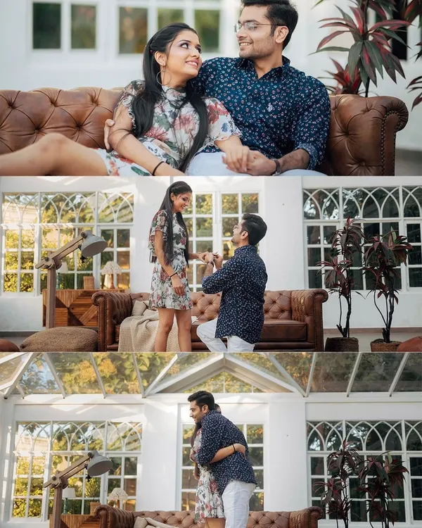 This collage showcases a surprise proposal during a styled indoor shoot. We captured the moment he got down on one knee and the joyful celebration that followed, all within a beautiful, sun-drenched room.