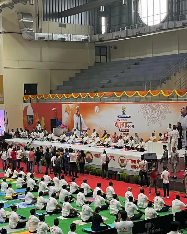 A view of the stage during our International Yoga Day event, with esteemed guests including BJP National President Shri J.P. Nadda. We are equipped to host high-profile political and cultural figures.