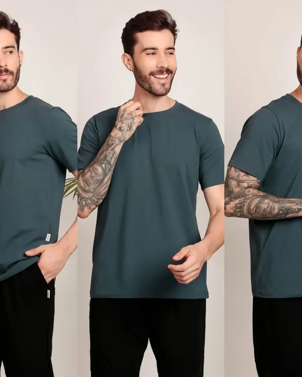 This triptych shows a male model in a casual teal t-shirt from multiple angles. This format is highly effective for e-commerce product pages, giving customers a complete view of the apparel's fit and look.