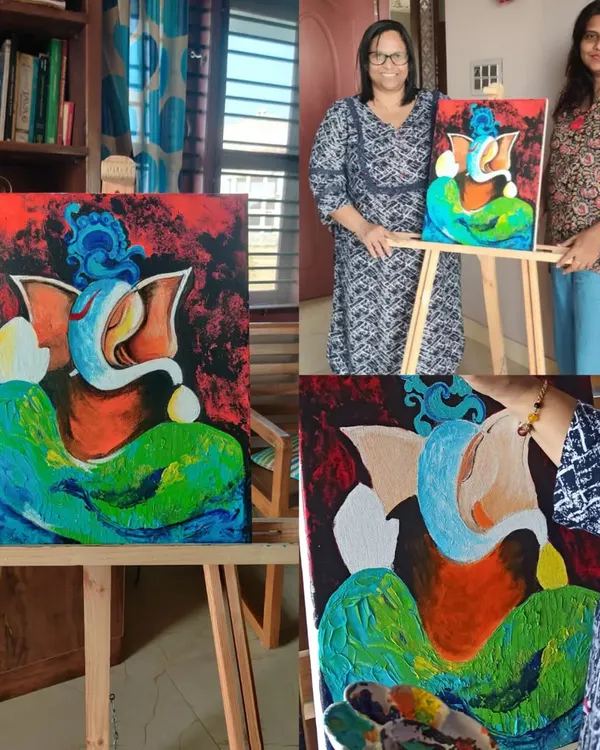 A vibrant, abstract Ganesha painting made with acrylics by my student, Nandita. This collage shows the finished piece on the easel and Nandita proudly displaying her work at the studio.