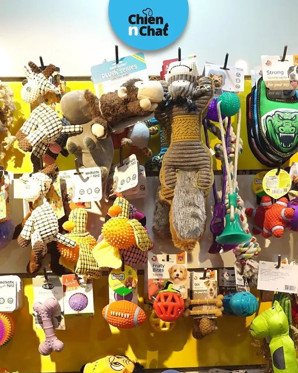 My toy wall is a paradise for pets. It's filled with everything from durable chew toys and rope pullies to soft plush animals and interactive puzzle toys to keep their minds sharp.