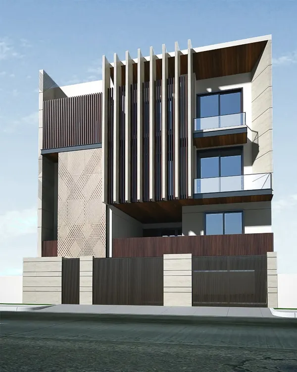 This 3D render illustrates our vision for a home that balances privacy with openness. The facade tells a story of modern minimalism through clean lines, bold geometry, and a warm, neutral material palette.