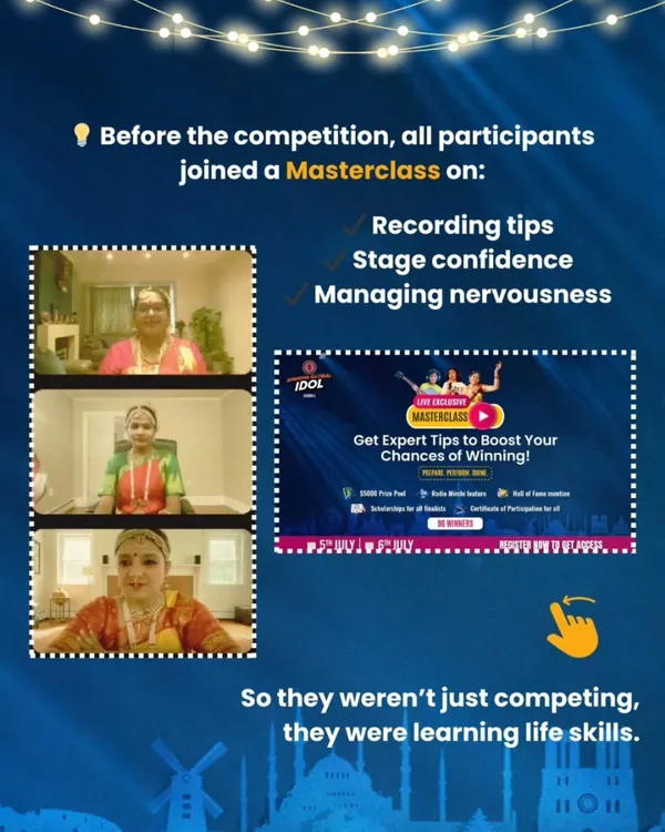 Before competing in the Spardha Global Idol, all participants joined a masterclass on recording, stage confidence, and managing nervousness. We don't just prepare them to compete; we prepare them for life.