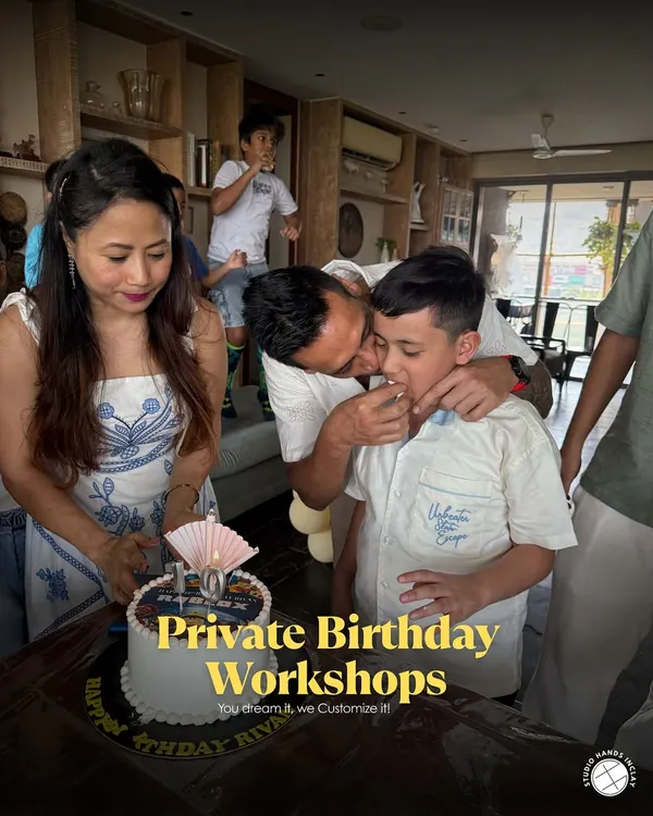 A collage showing the key elements of a private birthday workshop, including the birthday cake moment, making it a complete and joyous celebration.