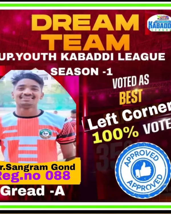 Another one of our players, Sangram Gond, selected for the UP Youth Kabaddi League Dream Team. He was voted the best Left Corner, a testament to his defensive skills.