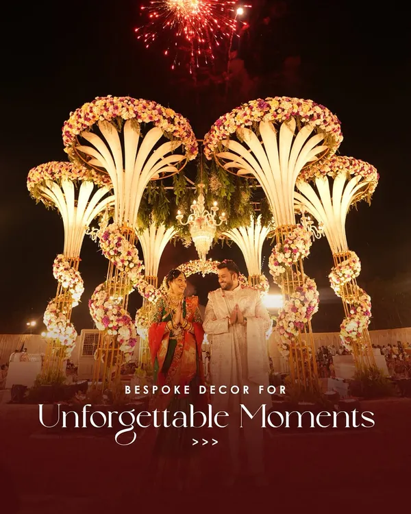 This is the moment that matters. A grand mandap, fireworks in the sky, and the couple at the center of it all. We design bespoke decor that creates unforgettable moments like this, turning your wedding day into a memory that lasts a lifetime.