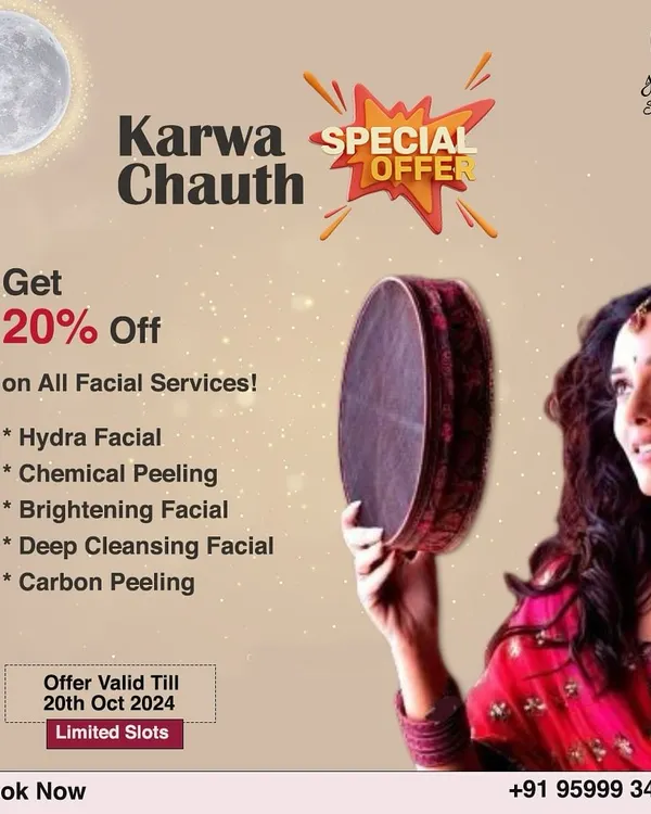 Our Karwa Chauth special offer. Get 20% off on all facial services like Hydra Facial, Chemical Peeling, and Carbon Peeling to get a festive glow.