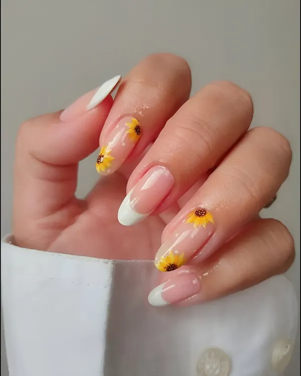 Learn the art of delicate, hand-painted designs. Here, our student created a beautiful French manicure with detailed sunflower accents, a perfect example of the precision painting skills we teach.
