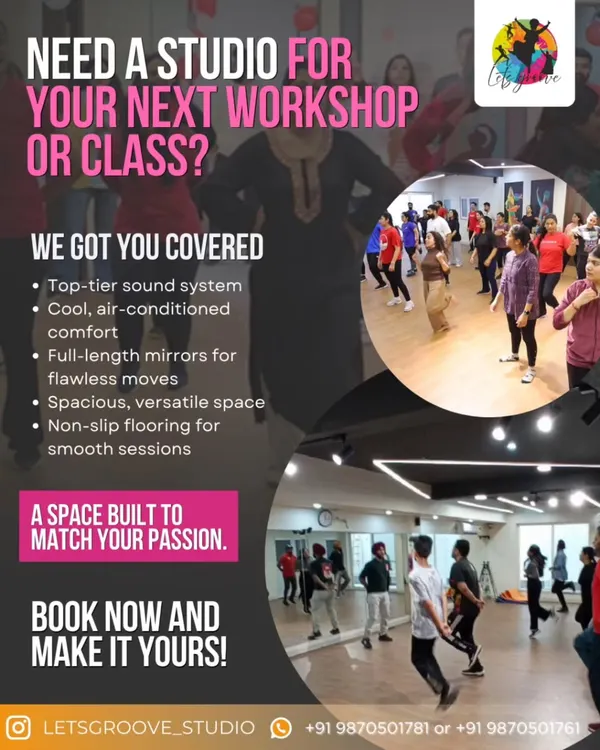 Our promotional flyer highlights everything you get when you rent our space. We've designed it to be a professional and inspiring environment for choreographers, instructors, and creators.