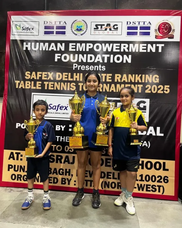 Our rising stars shine at the 3rd Delhi State Ranking Tournament. Here are our champions Akanksha, Arunim, and Yuvaan with their well-deserved trophies after a series of powerful performances.