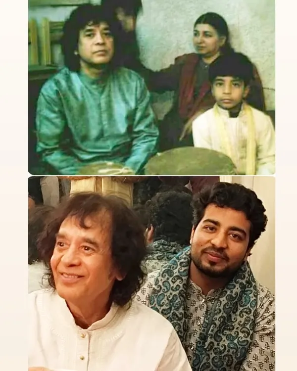 Then and now. A picture from my childhood with the god of music, Ustad Zakir Hussain ji, recreated after 19 years. To be in his presence is to be blessed, and I offer my respects at his lotus feet.