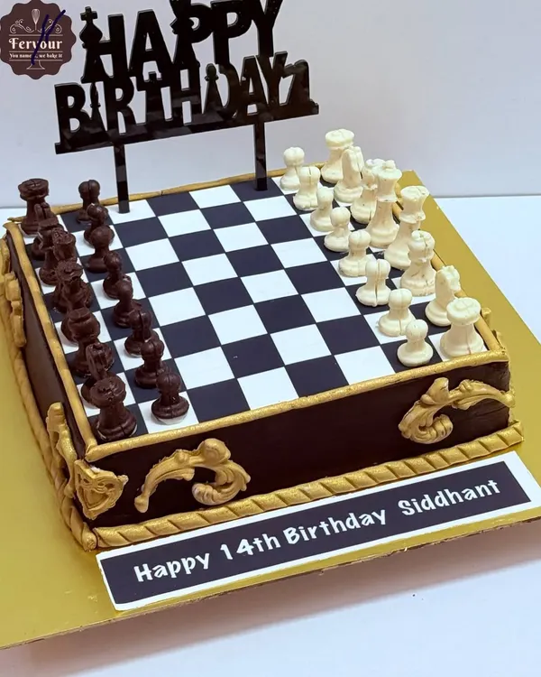 A checkmate-worthy chess theme cake for a 14th birthday. The board is an edible print, and all the chess pieces are hand-molded from chocolate, combining a love for the game with a love for cake.