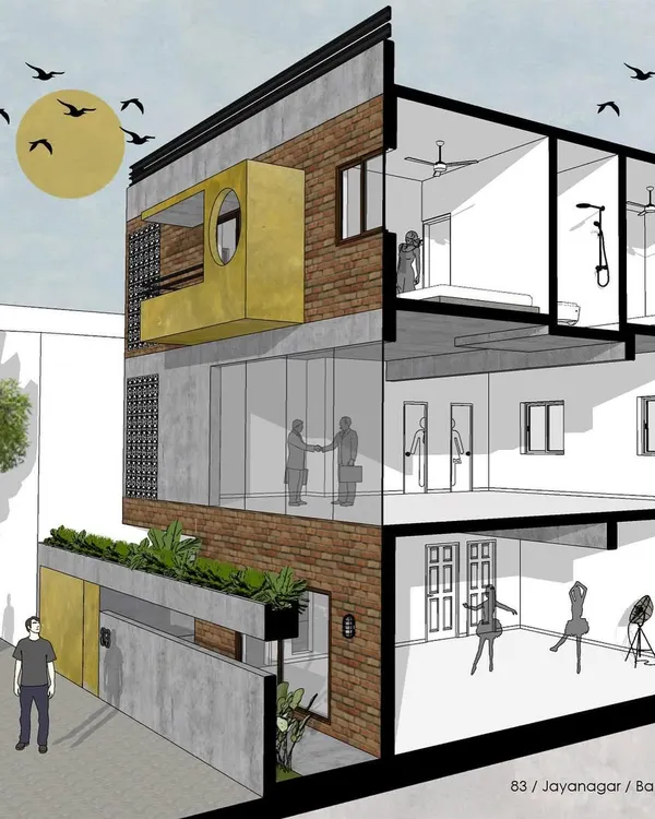 This sectional render for 'Project 83' in Jayanagar, Bangalore, illustrates my approach to spatial design. It combines a dance studio, office space, and private residence within a single structure, using simple floor plates to create functionally complex and layered interiors. The design features a blend of exposed brick, concrete, and jaali screens.