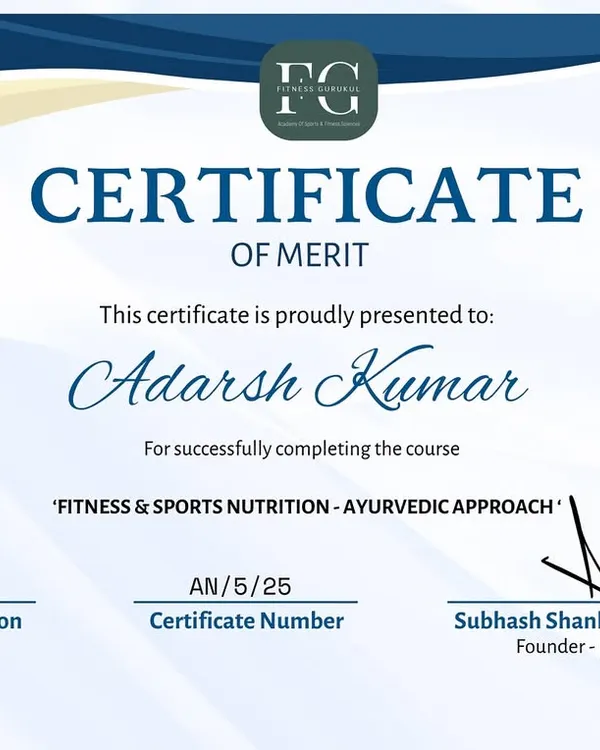 My approach is backed by knowledge. This certificate in 'Fitness & Sports Nutrition - Ayurvedic Approach' allows me to create unique, personalized diet plans that merge the best of modern science with timeless wellness principles for holistic health.