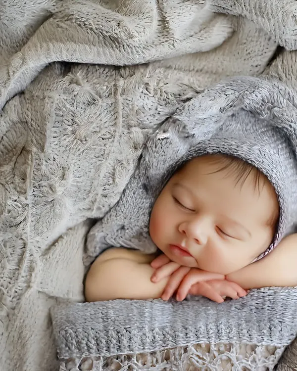 A simple, cozy wrap is sometimes all you need. This pose highlights the baby's peaceful sleep and delicate features, showing the beauty of a newborn in their natural, curled state.
