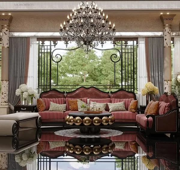 We believe a home should be a celebration of grand design and personal stories. This living room is a testament to that philosophy, where a reflective black marble floor mirrors the opulent chandelier, and every piece of furniture is chosen to create a space that is both luxurious and unforgettable.