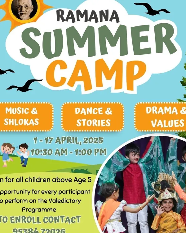 Our Ramana Summer Camp invites children to discover themselves through life skills with an emphasis on self-awareness. This poster highlights the blend of music, shlokas, dance, stories, drama, and values that form our curriculum.
