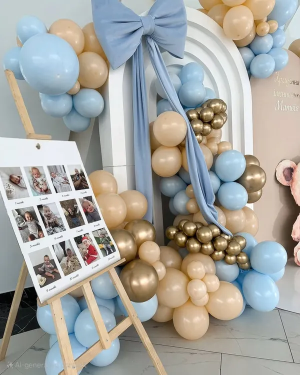 A beautiful way to share your baby's journey is with a first-year photo milestone board. I place this on an easel and integrate it into the main decor, as seen in this teddy bear themed party.