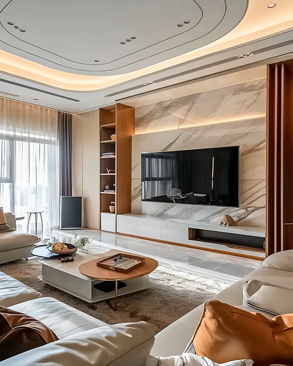 This living room showcases a bright and airy design with a full-wall TV unit featuring white marble and light wood shelving. The curved false ceiling with cove lighting adds a unique architectural element and makes the space feel larger.