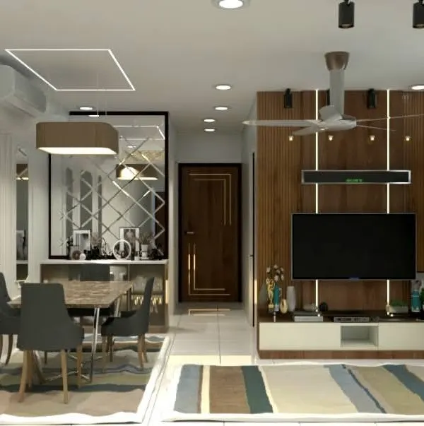 A comprehensive view of a 2BHK flat interior at Lodha Amara, Thane. This design integrates the living and dining areas seamlessly, featuring elegant wall paneling, modern furniture, and a sophisticated lighting scheme to create an open, luxurious feel.