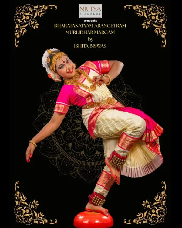 This is the dream we work towards. An Arangetram is a student's solo debut, a culmination of years of dedication. This beautiful pose captures the grace, strength, and artistry that every student at Nritya Gurukul aspires to achieve on their own dance journey.