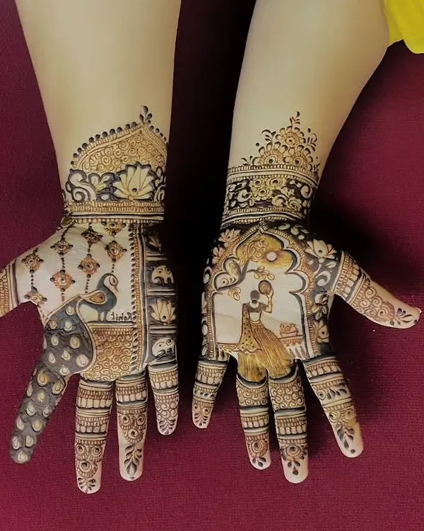 This Karwa Chauth design combines a classic portrait of a woman with a channi and a graceful peacock. The use of negative space makes the figures stand out, creating a balanced and artistic composition.