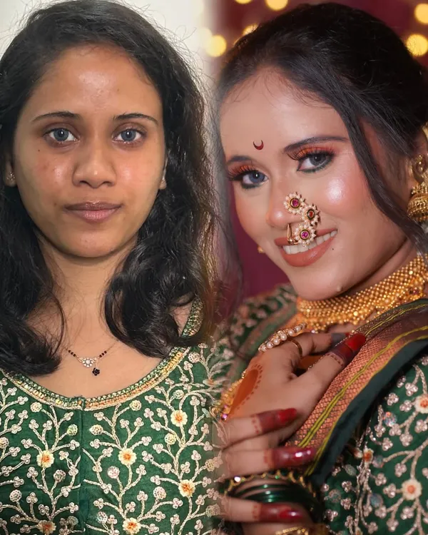 A stunning before and after of a classic Maharashtrian bridal look. The focus is on creating a radiant, flawless base and enhancing the eyes to complement the traditional green saree and jewelry.